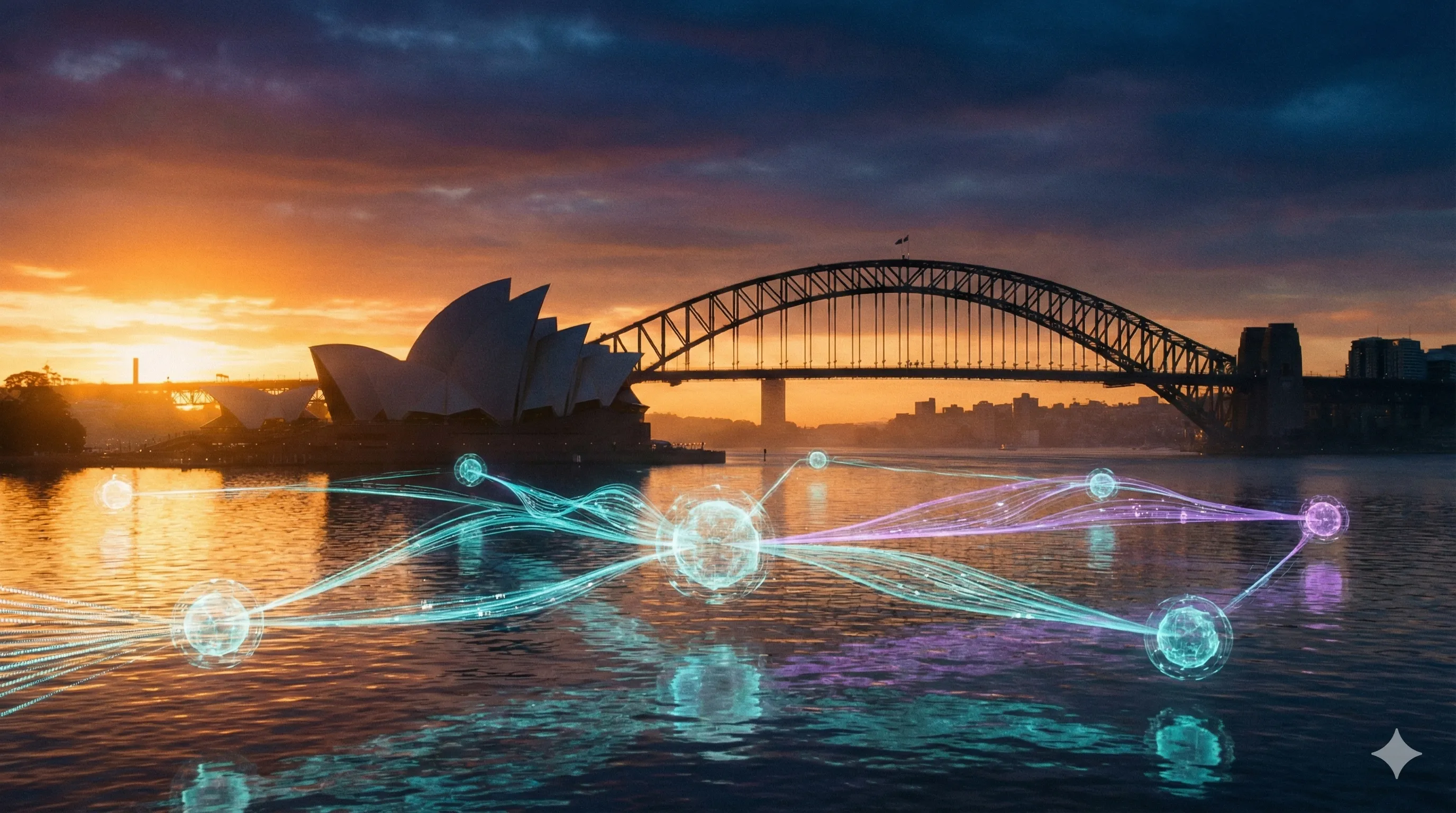 Sydney at sunrise with AI network nodes