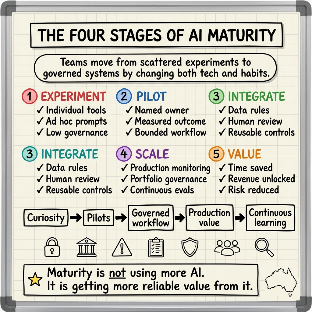 Whiteboard summary of: Where Are You on the AI Journey? The 4 Stages of AI Maturity