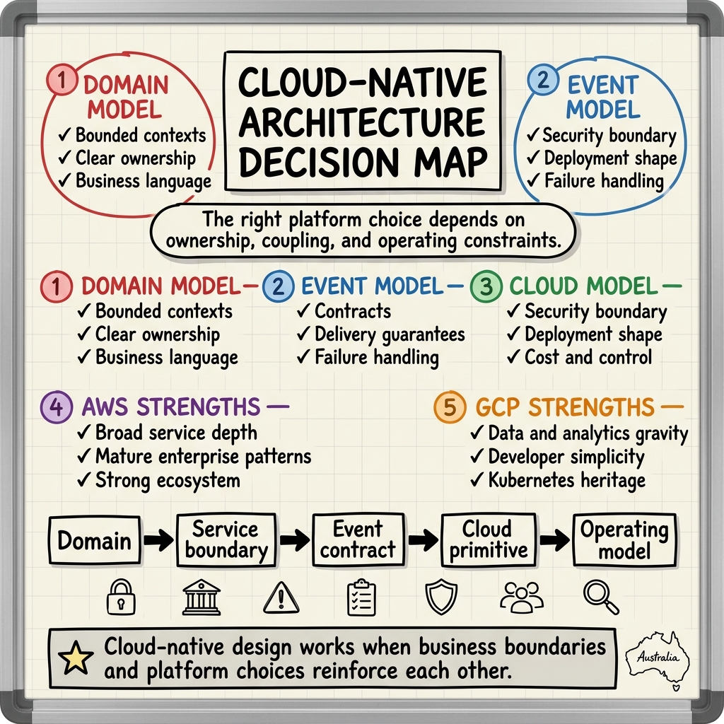 Whiteboard summary of: Architecting Cloud-Native Systems with DDD and EDA: AWS vs GCP