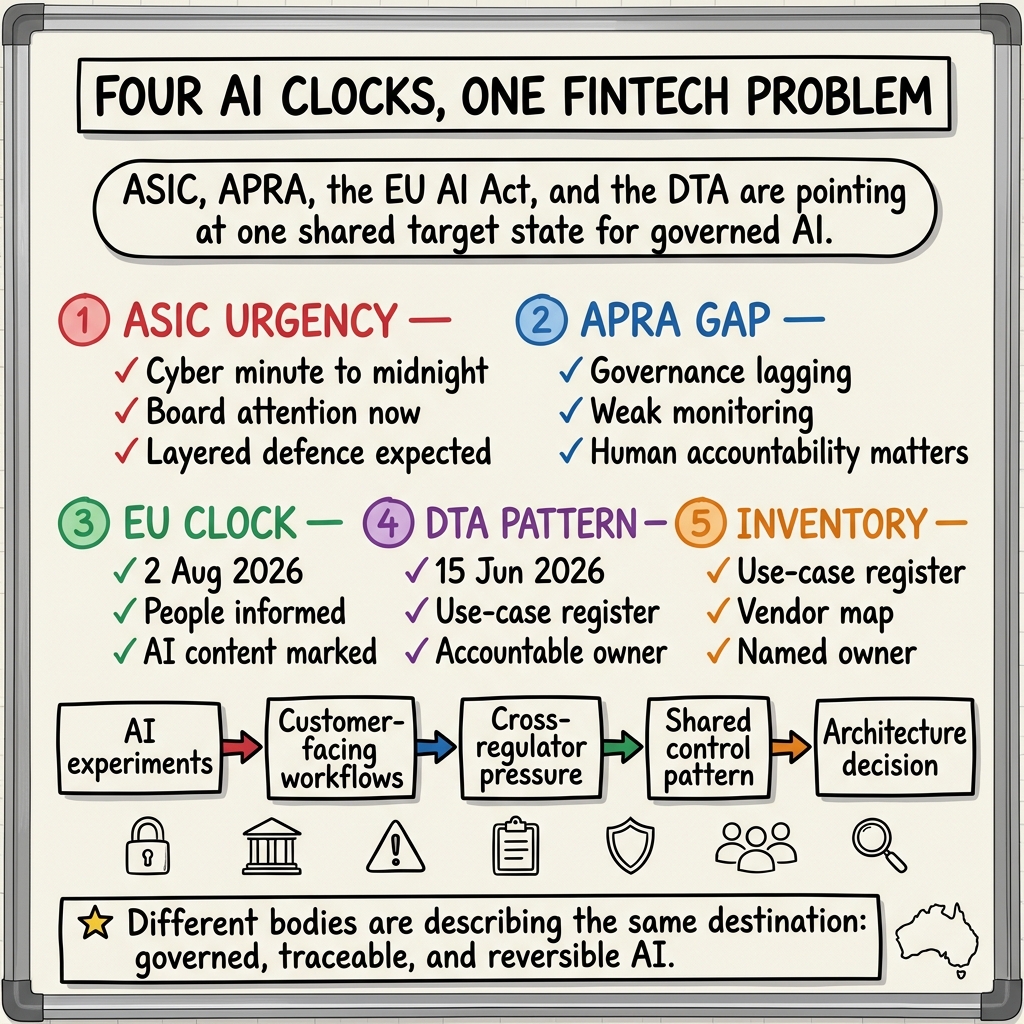 Whiteboard summary of: AU Fintech Compliance Stack: Four AI Clocks, One Architecture Problem