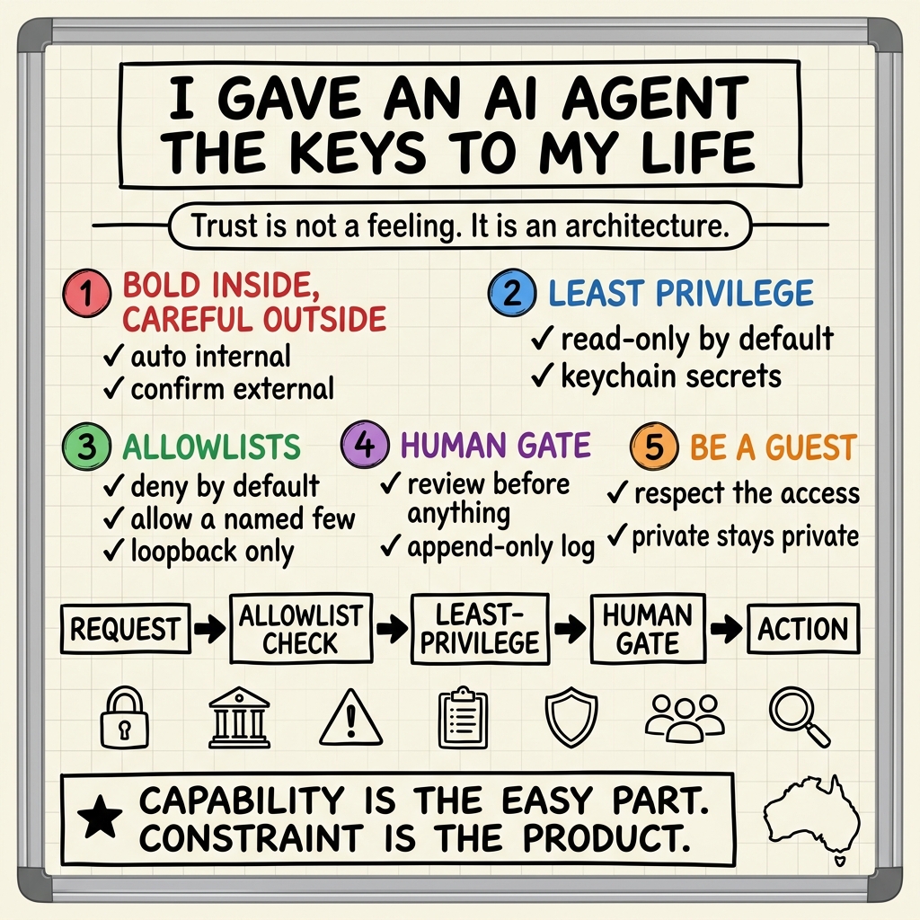 Whiteboard summary of: I Gave an AI Agent the Keys to My Life. Here Is the Trust Architecture.
